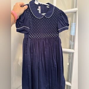 Navy Blue with White smocked dress, Peter Pan Collar, girls size 6